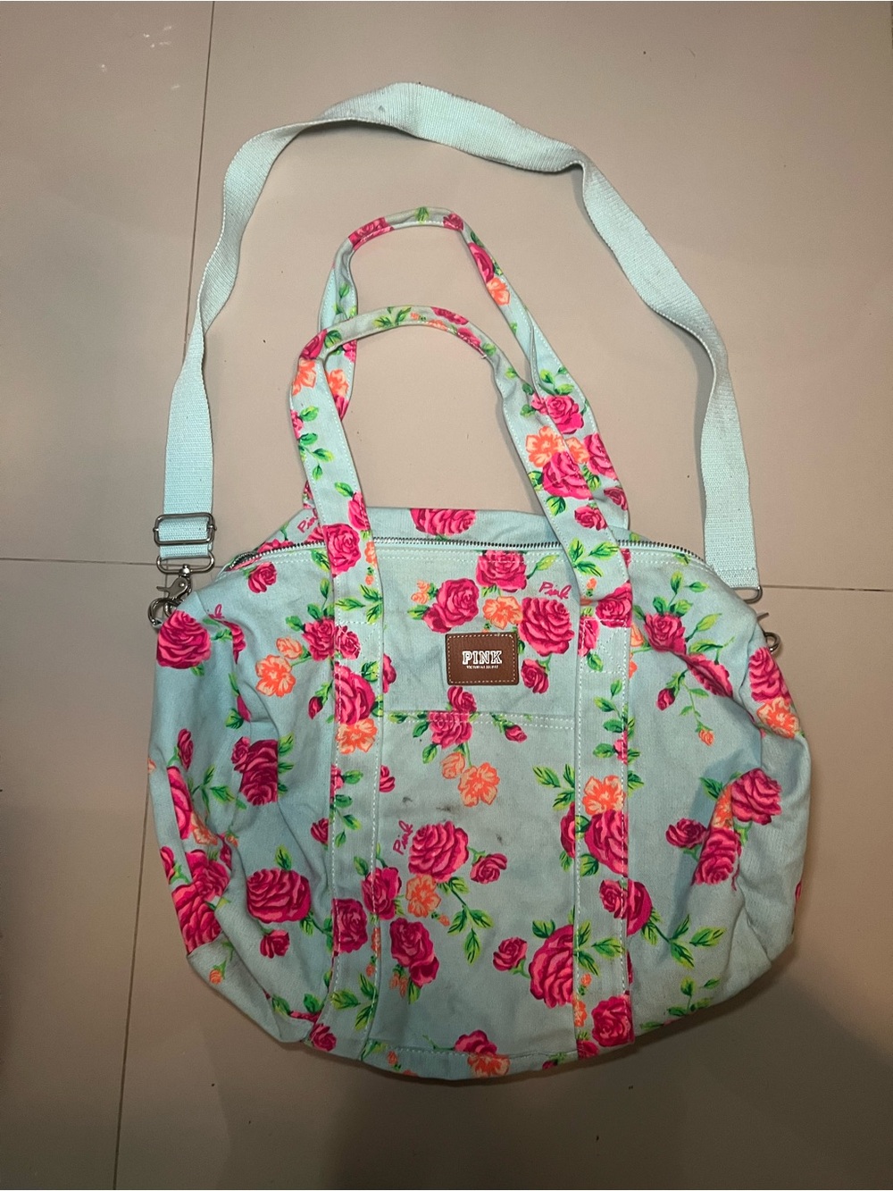 PINK Victoria's Secret Mint Duffle Bag with Pink Floral Print